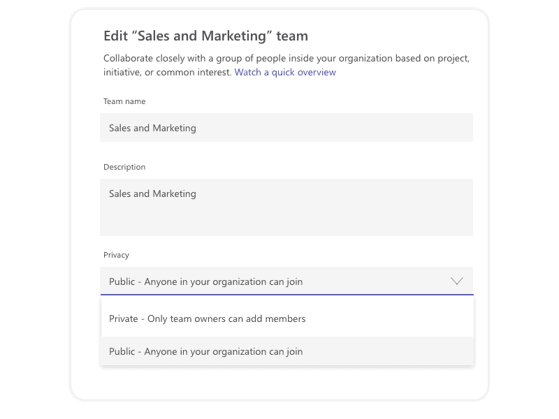 Teams change privacy step two