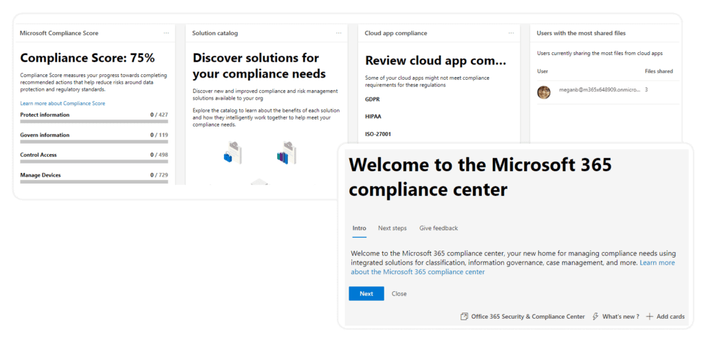 Microsoft 365 compliance center welcome screen