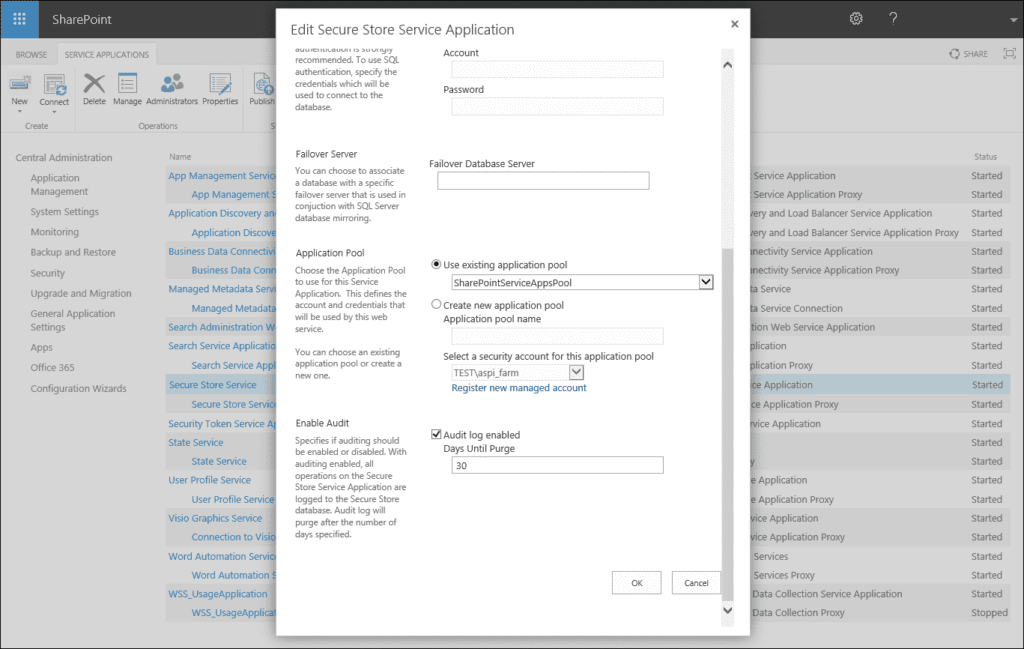 Edit Secure Store Service Application