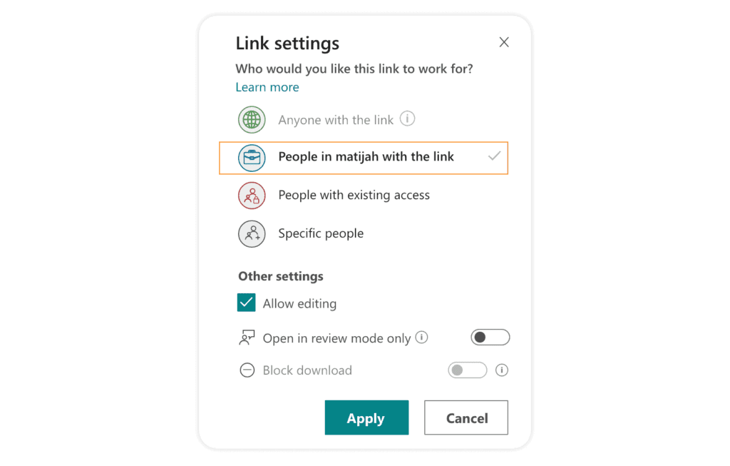 sharing link settings in Microsoft 365 Groups