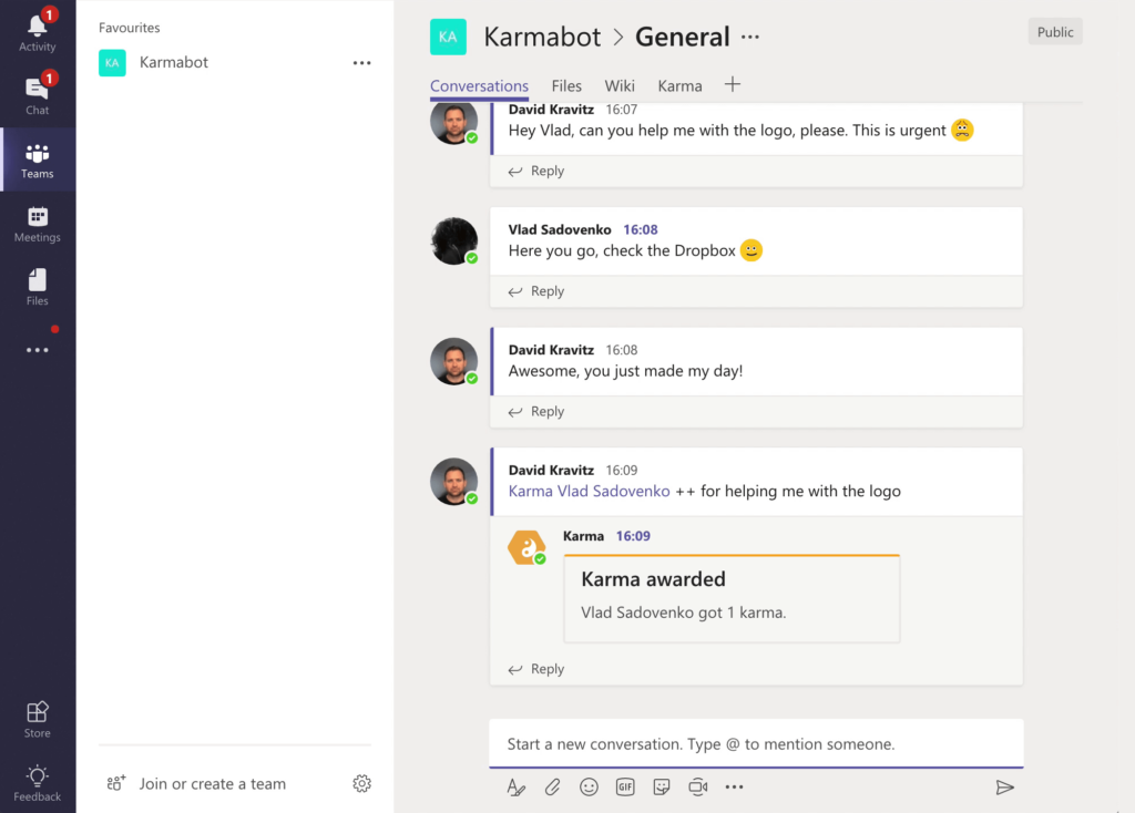 karma for microsoft teams integration screenshot