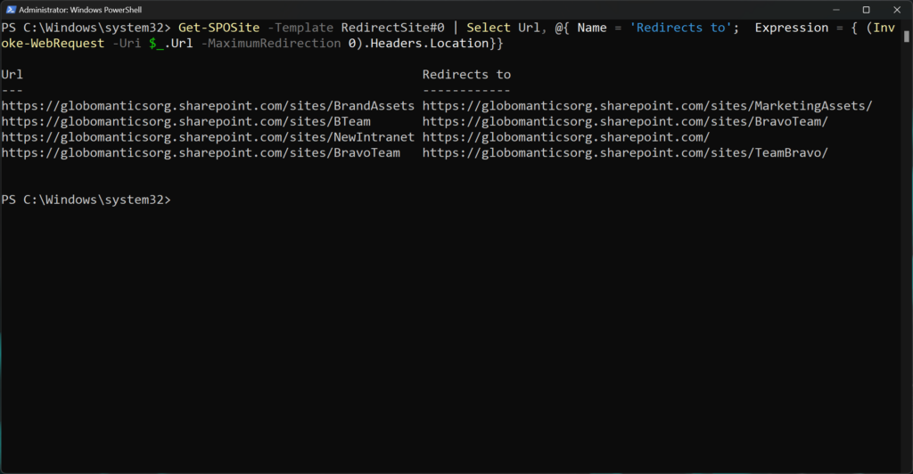 Redirect Sites and Their Redirect Location in SharePoint Online