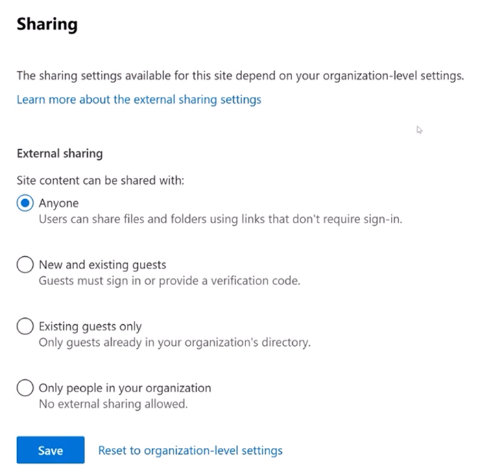 Site-level sharing controls.