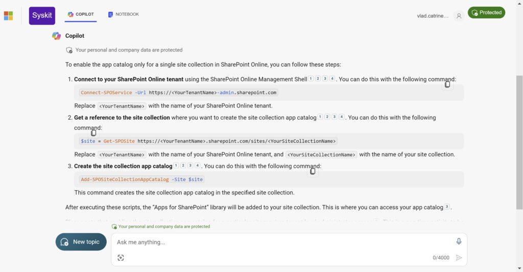 Asking Copilot How to Enable the Site App Catalog