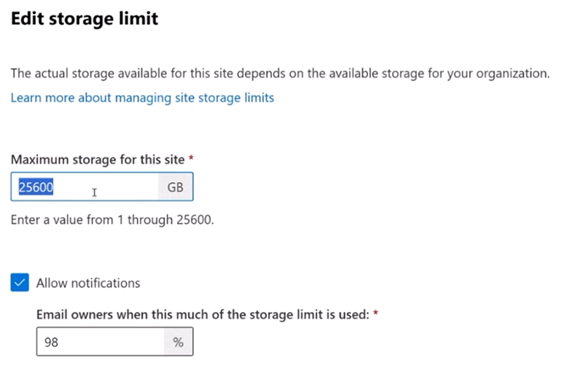 Edit SharePoint storage limit