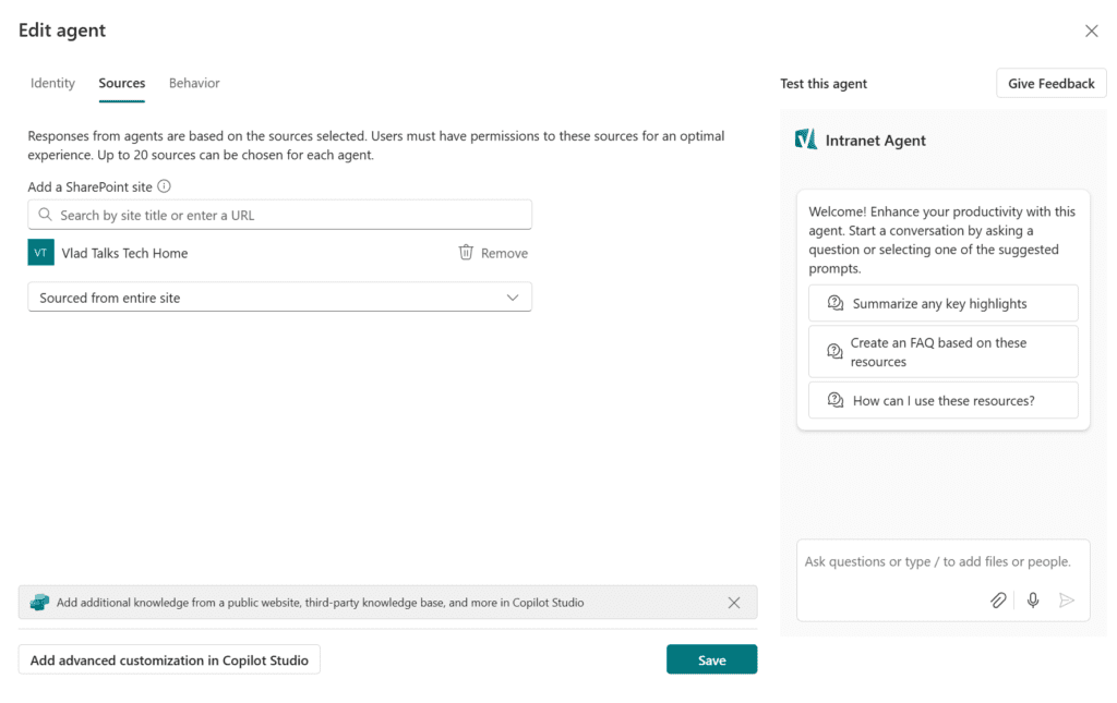 Edit SharePoint agent sources