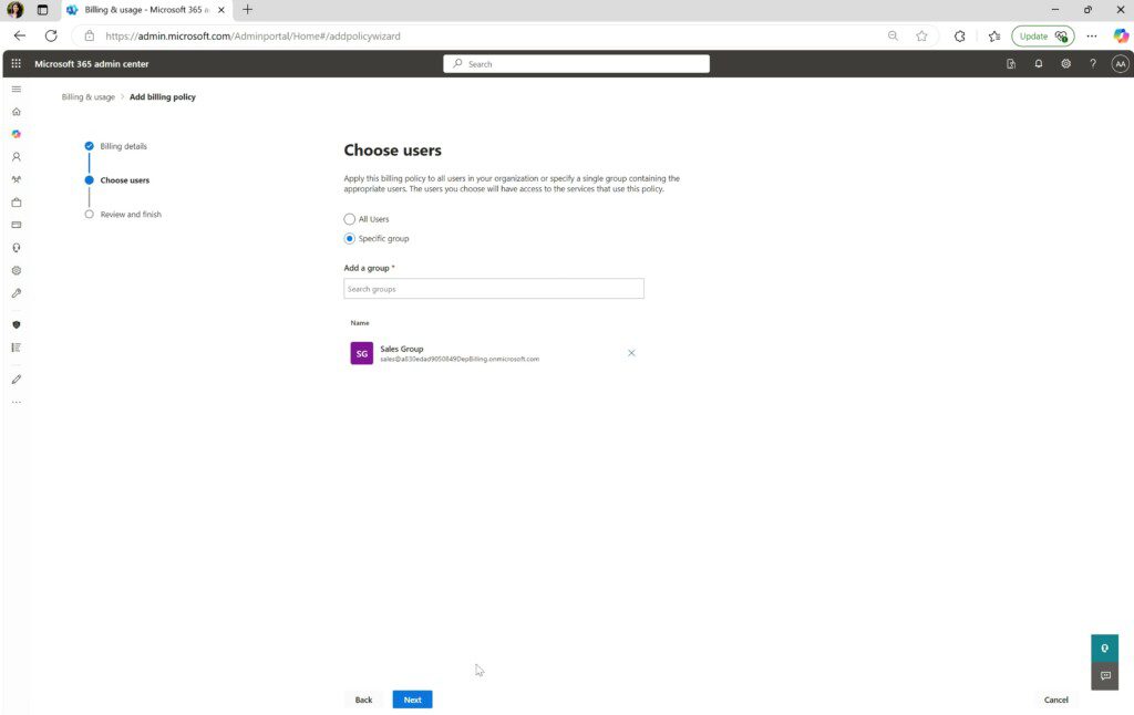 departmental billing choose user