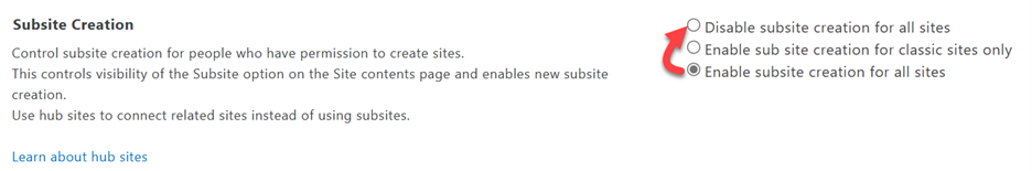 Sharepoint admin center subsite creation