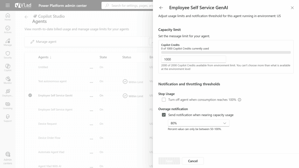 Copilot Studio credit capacity limits and threshold
