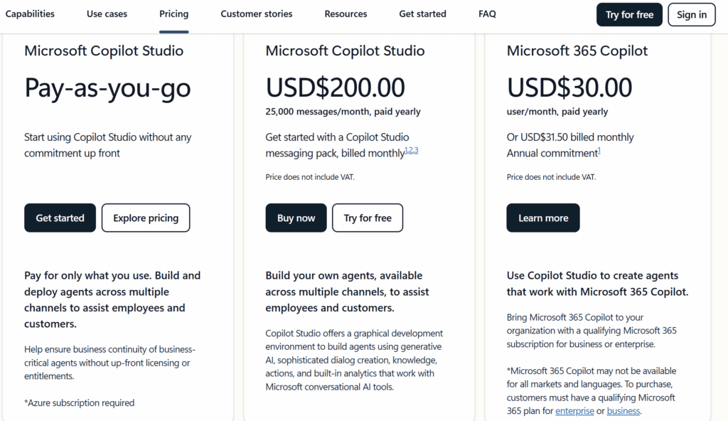 Microsoft Copilot Studio pricing