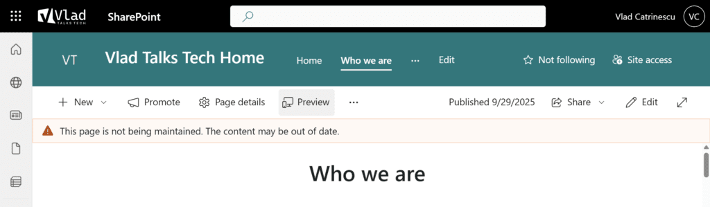 SharePoint page not being maintained