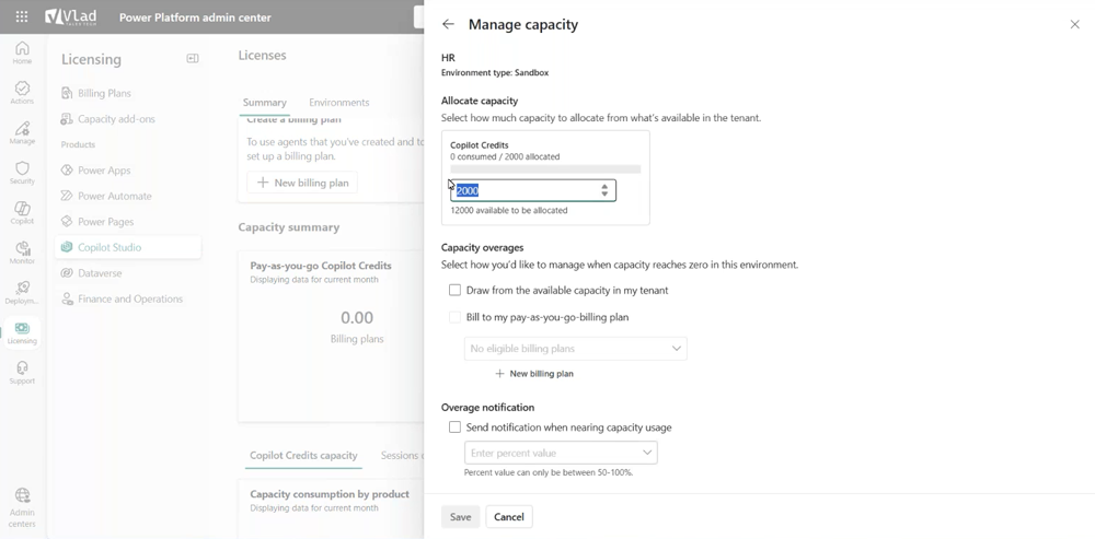 Power Platform Admin Center - Copilot Studio Credits