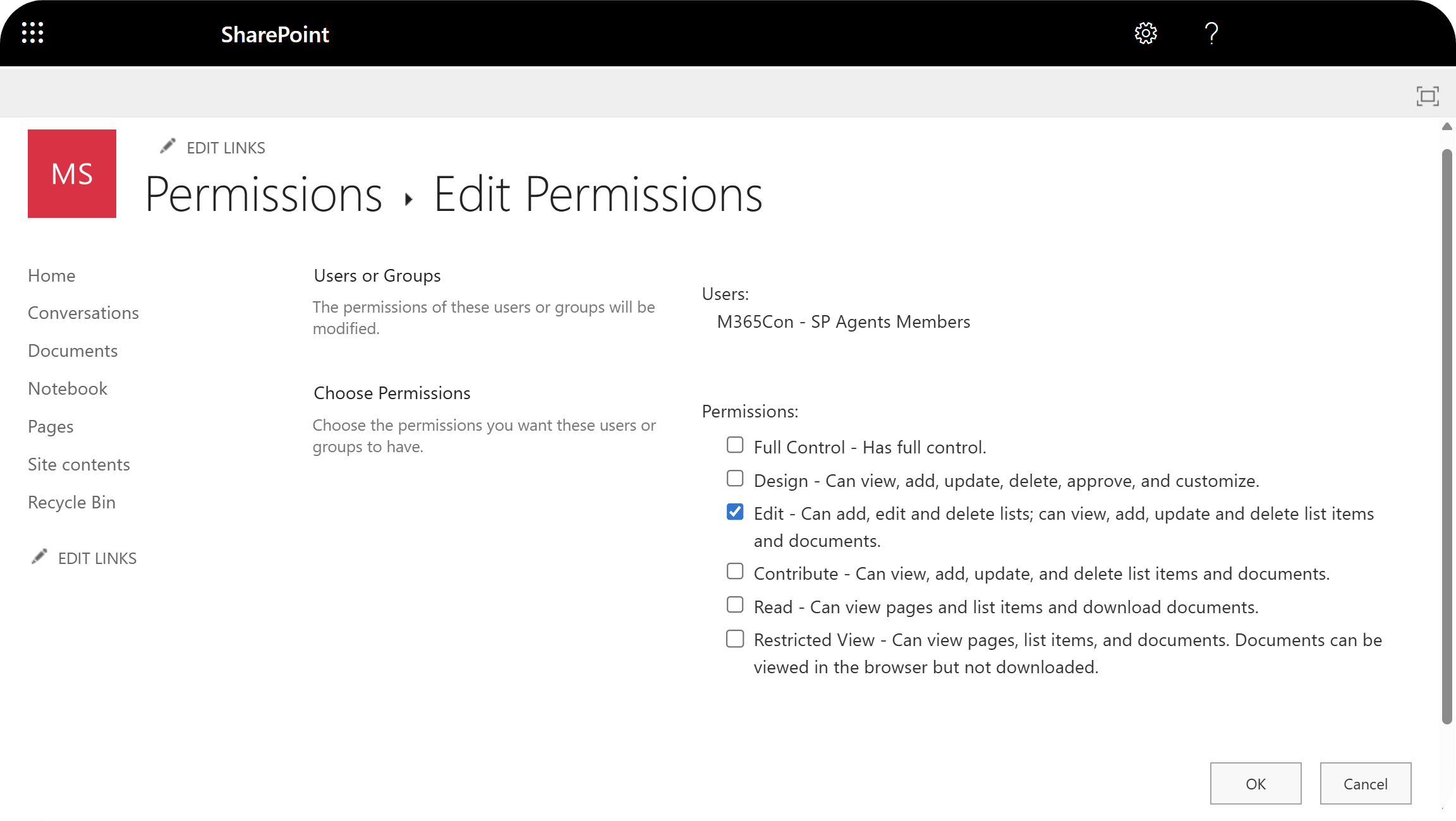 SharePoint edit user permissions screen