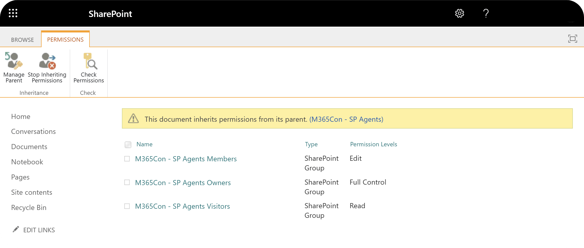 SharePoint Permissions page