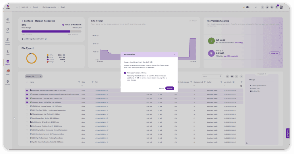 screenshot of file archiving in syskit point, showing how to easily trim sharepoint storage
