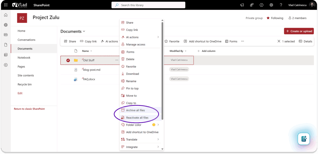 a screenshot showing the microsoft 365 folder-level actions