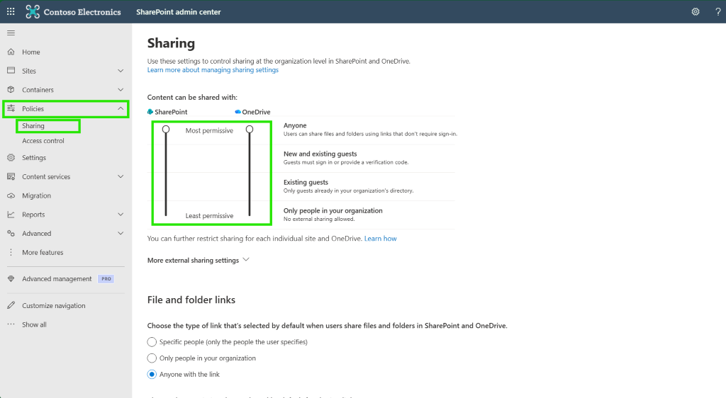 SharePoint admin center external sharing screen