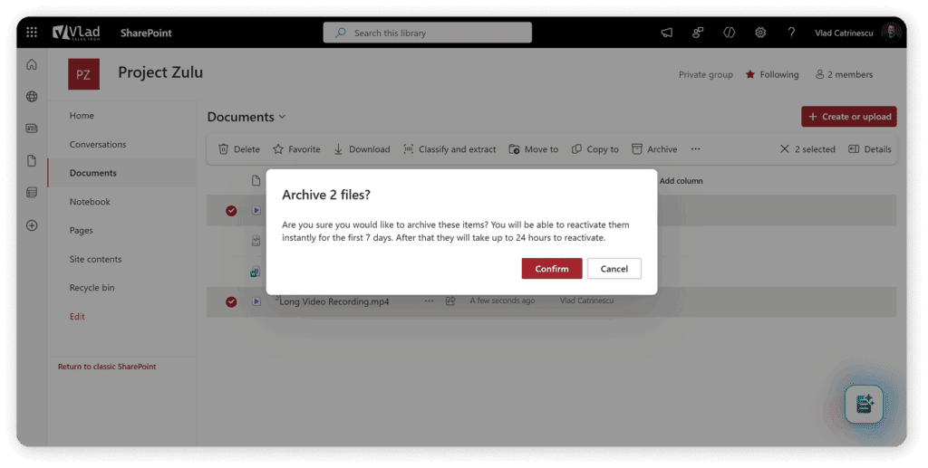 a screenshot showing the microsoft 365 file-level-archive action confirmation