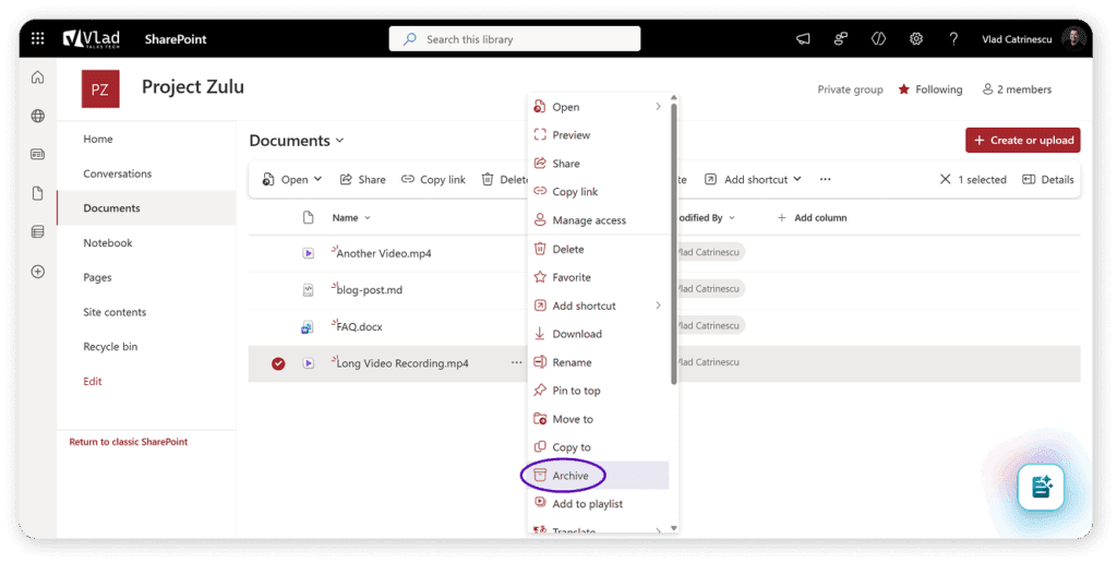 a screenshot showing the microsoft 365 file-level-archive action in the drop down menu