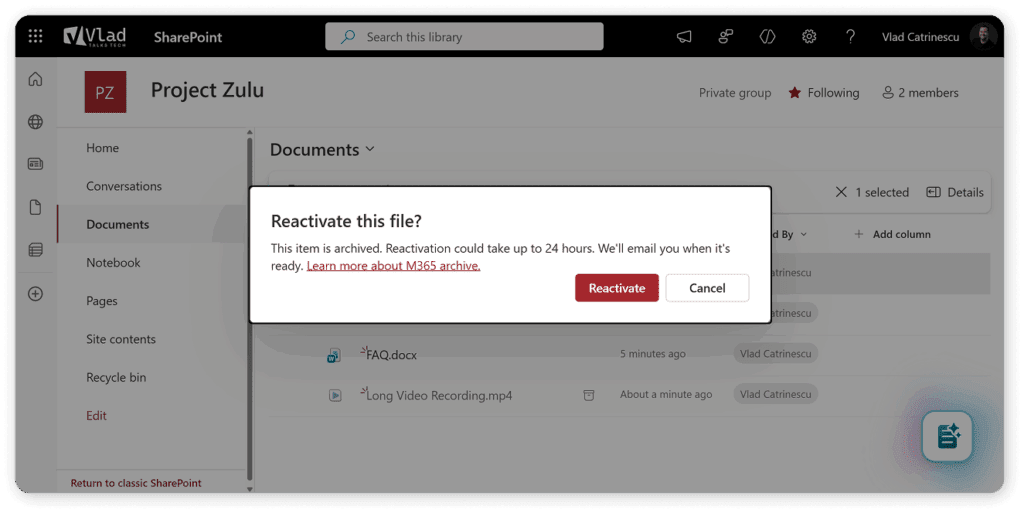 a screenshot showing the microsoft 365 file-level-archive reactivation confirmation