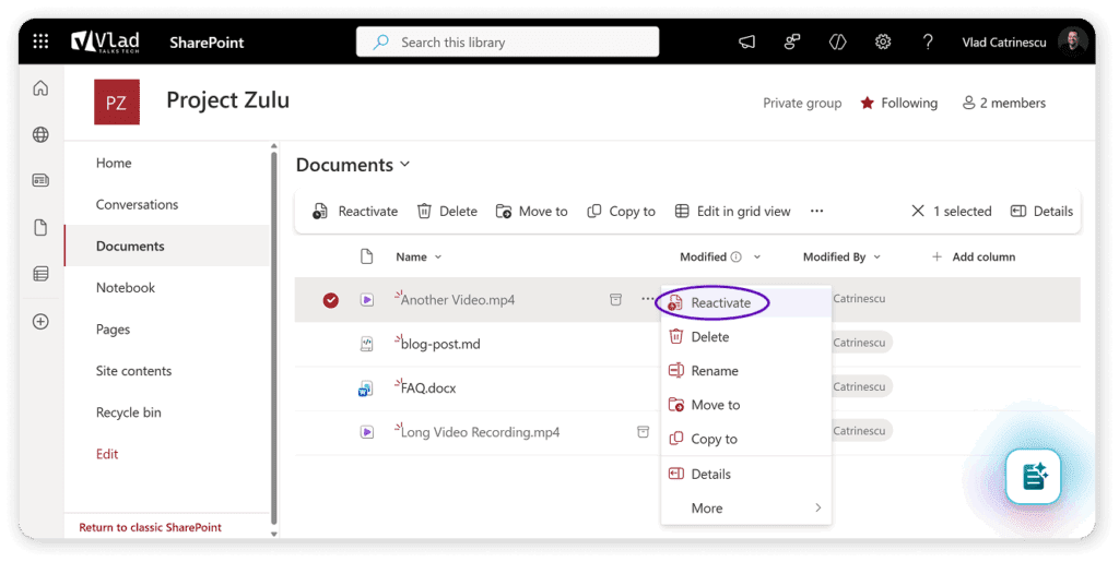 a screenshot showing the microsoft 365 file-level-archive reactivate button in drop-down menu