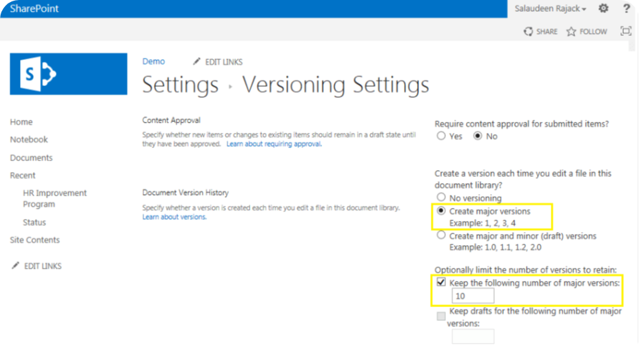 SharePoint Versioning Settings