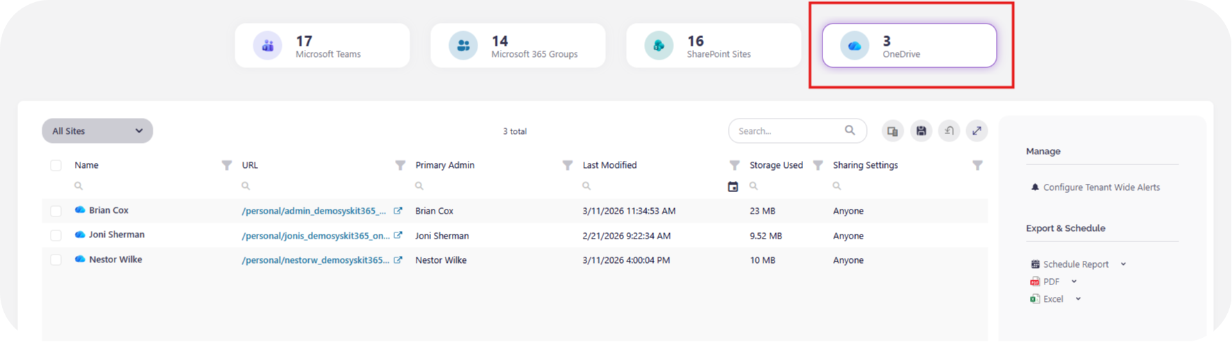 Syskit Point OneDrive inventory dashboard